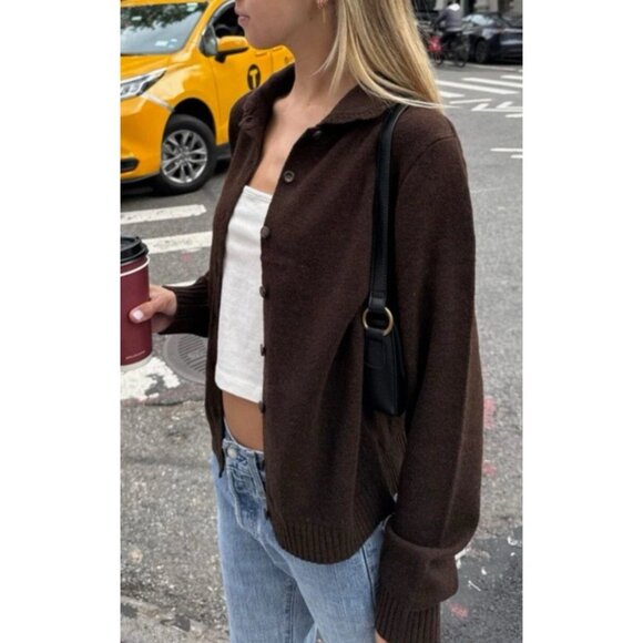 Brandy Melville Amalie Wool Brown Cardigan Button Down Minimalist Preppy Italy - Picture 2 of 12